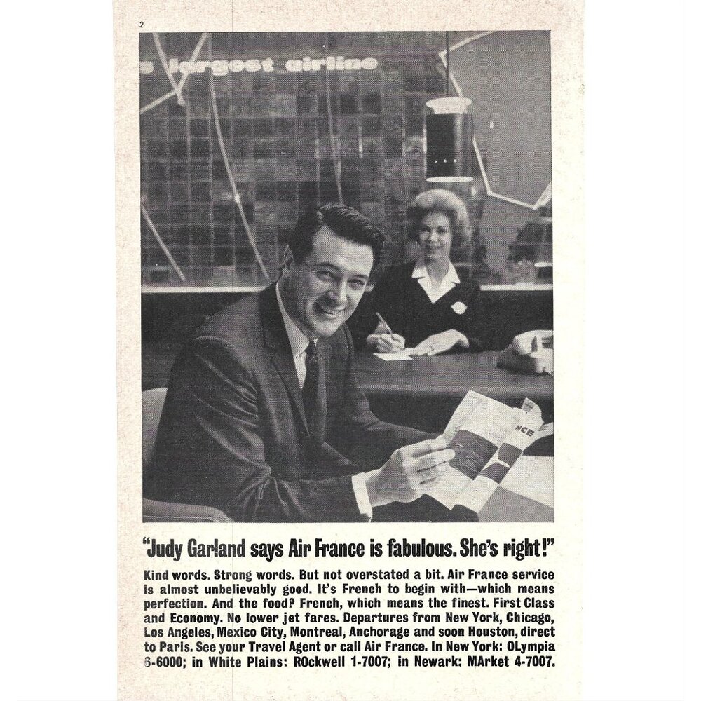 Rock Hudson Air France Airline Advertisement 1960s Vintage Print Ad 9 inch Tall